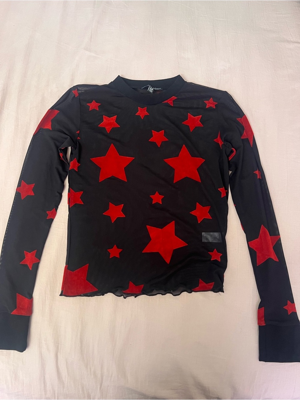 Current Mood Black Mesh Long Sleeve Top with Red Stars